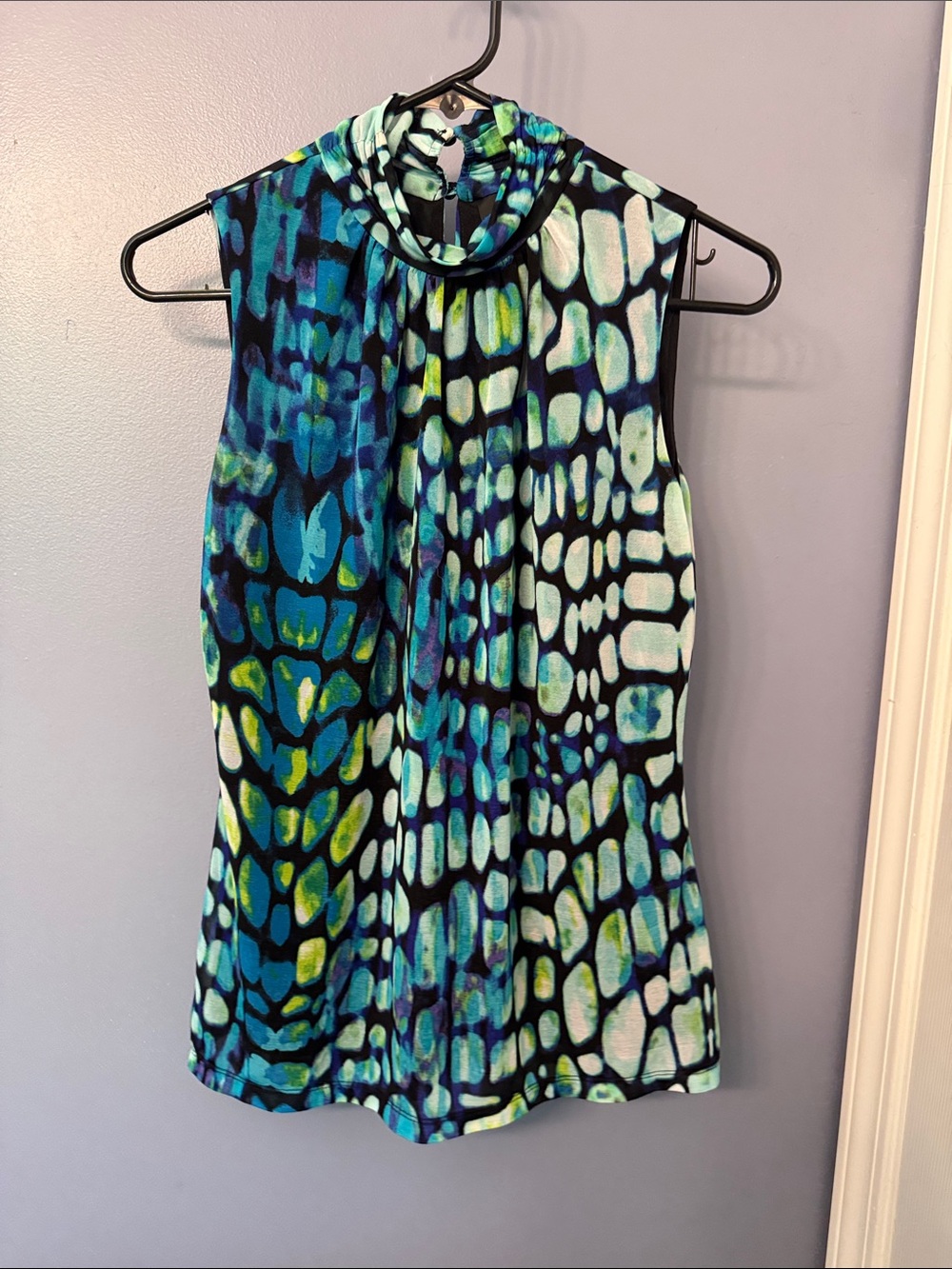 Worthington Sleeveless Mock Neck Print Top in Blue Multi